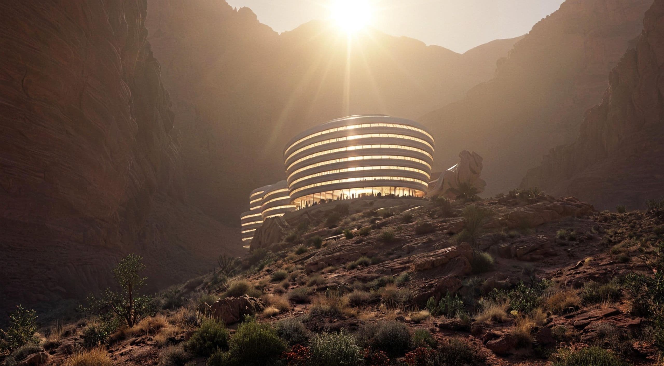 Futuristic architecture set within a sunlit rocky canyon
